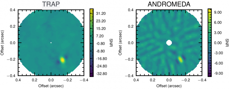 SNR map for beta Pic b: TRAP vs ANDROMEDA showing a factor four improvement with TRAP