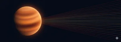 Illustration: a giant planet with spectral light fanning from its atmosphere