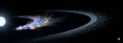 Illustration: rocky fragments sublimating near a star, releasing glowing elemental signatures